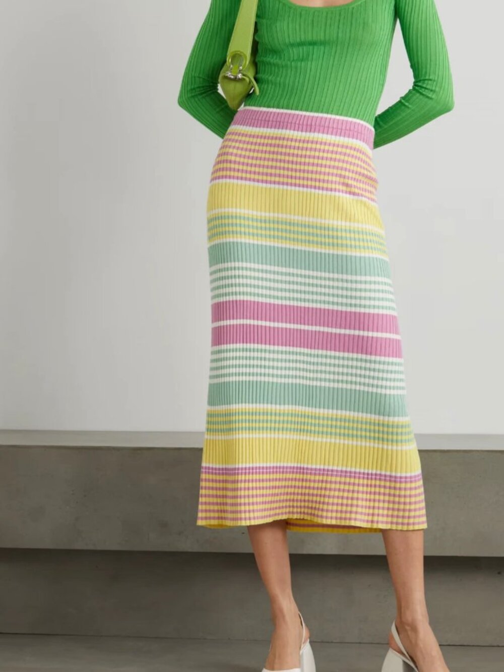 Rixo Kelly Striped Ribbed-Knit Midi Skirt In Pastels Women's Sz 8 Easter Spring
